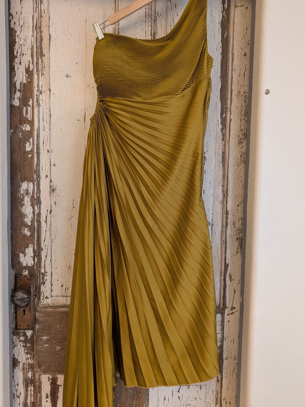 In Bloom One-Shoulder Pleated Olive-Gold Cocktail Dress